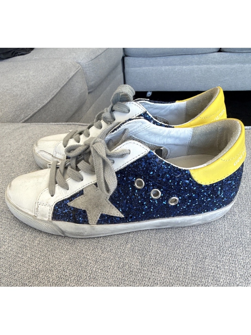 Golden Goose Superstar Leather Sneakers Blue Glitter Yellow Heel EU 37 US 7